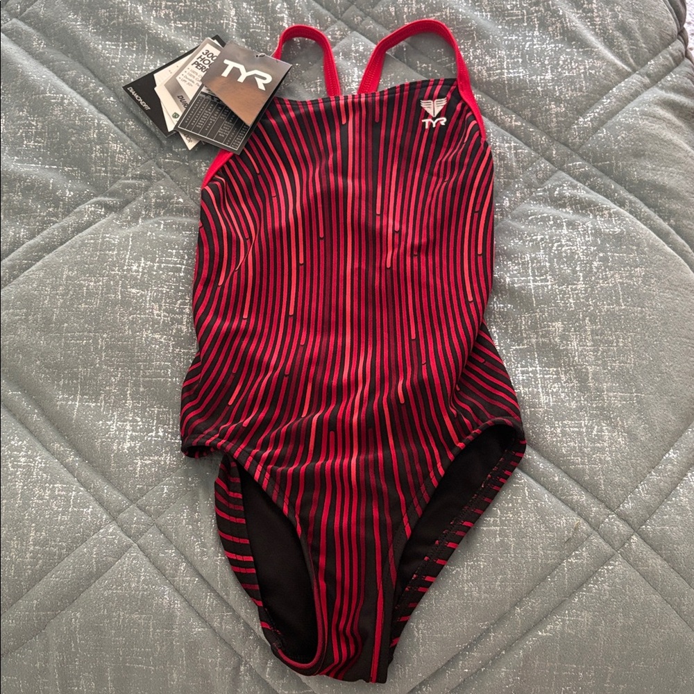 TYR Red and Black One-Piece Performance Swimsuit, Little Girls Size 24 (7/8) NWT